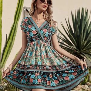Boho floral print v neck dress